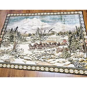 Vintage Alaska Winter Iditarod Dog Sled Race Tapestry Wall Hanging Rug 68"x48"